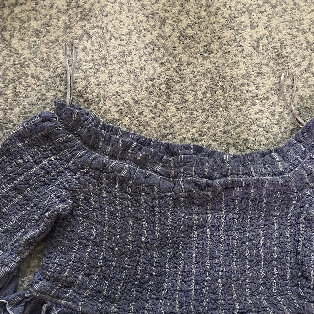 Free People Smock Around Striped Cropped Blouse Top Blue Bell Sleeves Medium - Picture 4 of 7